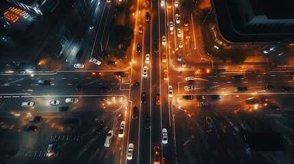 Aerial angle Rush hour traffic fast moving hyper lapse at night overhead of busy intersection...