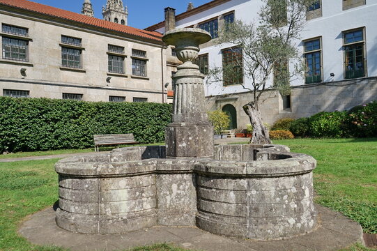 Fountain in the garden of the 'Pazo de Fonseca', which bears the name of 'Xard&iacute;n das pedras que falan' Santiado de Compostela, Galicia, Spain 10092023
