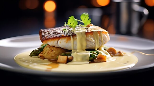 Cod fillet with cauliflower cream, asparagus, clam-wine sauce and mussles. Delicious seafood fish closeup served on a table for lunch in modern cuisine gourmet restaurant : Generative AI