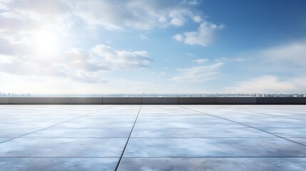 Empty floor ground on rooftop with beautiful sunlight blue sky. : Generative AI