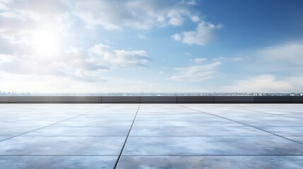 Obraz premium Empty floor ground on rooftop with beautiful sunlight blue sky. : Generative AI