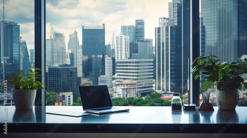 Poster modern office with open space to work thought the window and background city. : generative ai