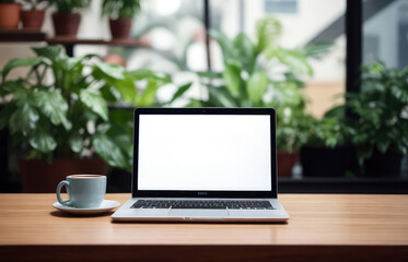 Plant in a blurred background, with a wooden table featuring a laptop, notebook computer with a white screen and a cup of coffee. Mockup and copy space for text, advertising, message