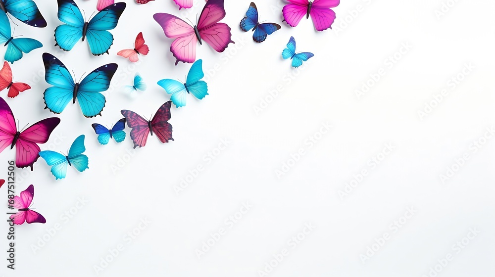 Poster photo of decorative butterflies pattern isolated on white background with copy space. fresh spring s