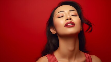 Pretty brunette young Asian woman closes eyes licks lipsfrom temptation to taste something delicious shows tongue imagines eating delicious food wears shirt isolated over vivid red bac : Generative AI - obrazy, fototapety, plakaty
