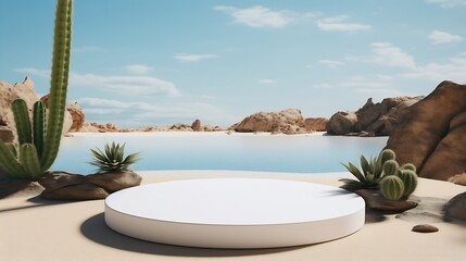 White podium in round-shaped displayed on sea sand with a lake and Cacti. Empty space on podium to show your product : Generative AI