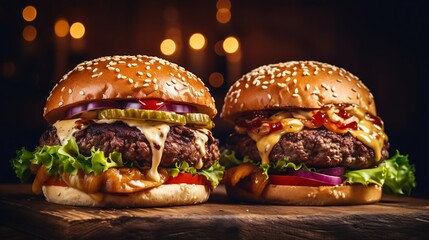 Two delicious homemade burgers of beef, cheese and vegetables on an old wooden table. Fat unhealthy food close-up. : Generative AI