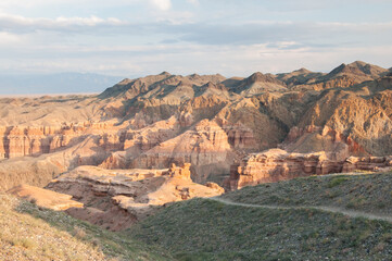 Landscape view of Charyn canyon or the Grand canyon of Kazakhstan in the evening light