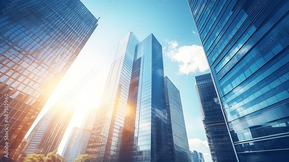 Aufkleber business and financial skyscraper buildings concept.low angle view and lens flare of skyscrapers mod