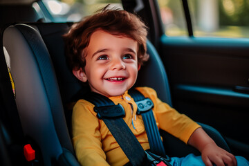  Petit garçon assis dans son siège auto dans la voiture