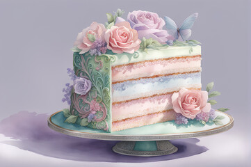 AI-generated illustration features a pastel-colored cake, evoking sweetness and celebration with its vibrant hues and intricate details.