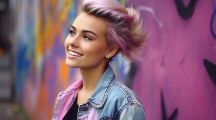 Portrait of young european fashionable female model, shot from the side, smiling, looking to the side, vibrant urban graffiti wall background
