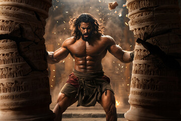 Samson breaking the temple pillars. Biblical scene concept, religious theme. - obrazy, fototapety, plakaty