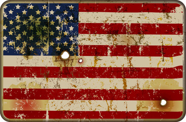 grungy USA flag on rough tin sign, vector illustration