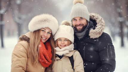 Parenthood, fashion, season and people concept - happy family with child in winter clothes outdoors