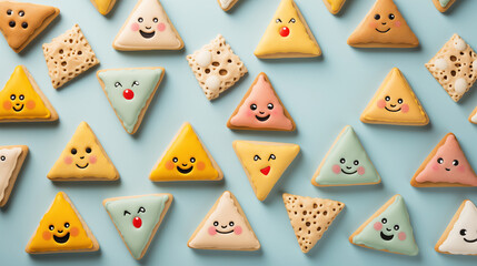 Happy Purim pattern hamantaschen cookies on pastel background. (Happy Purim in Hebrew, jewish holiday celebrate)