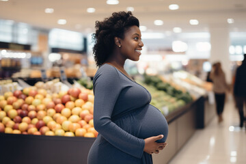 Femme enceinte dans un magasin d'alimentation - obrazy, fototapety, plakaty