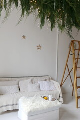 garland of fir branches to the ceiling in a room with a sofa