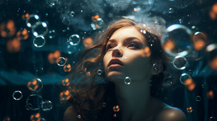 Jeune femme sous l'eau, les yeux ouverts,  avec des bulles