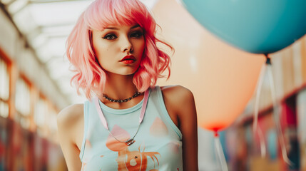 Jeune fille avec les cheveux roses - obrazy, fototapety, plakaty
