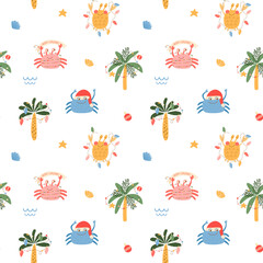 Christmas crab seamless pattern. Tropical new year party print. Vector funny print with lobsters, palm tree. Cartoon sea character illustration for wallpaper, repeat background, print, textile design. - 687514341