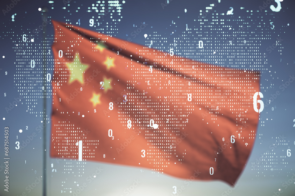 Poster Multi exposure of abstract software development hologram and world map on Chinese flag and blue sky background, global research and analytics concept