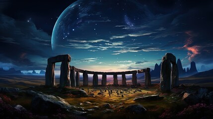 a fantasy landscape with a full moon