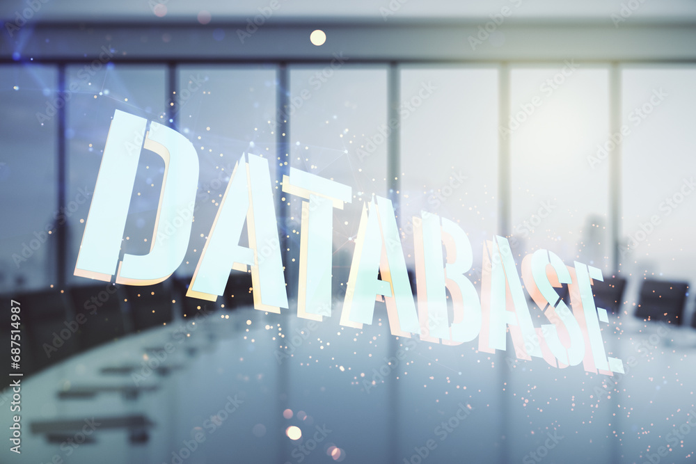 Poster double exposure of creative database word hologram on a modern meeting room background, research and