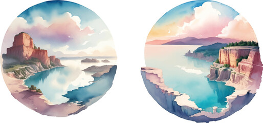 set of cliff and lake in watercolor - obrazy, fototapety, plakaty