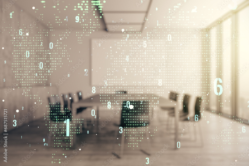 Poster Double exposure of abstract creative programming illustration and world map on a modern boardroom background, big data and blockchain concept