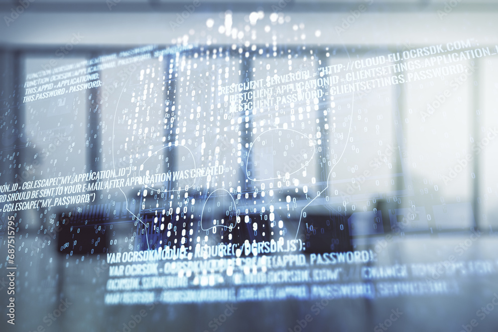 Poster abstract virtual code skull illustration on a modern conference room background. hacking and phishin