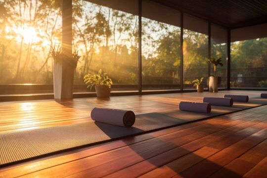 An empty yoga room, the setting sun creates a warm light that fills the space with a cozy atmosphere, expanding the room into a vast open space.