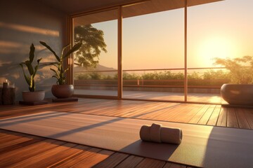 Without visitors, the yoga room remains quiet and empty, the absence of activity contributing to a calm and peaceful atmosphere, especially as the last light of the day illuminates the space.
