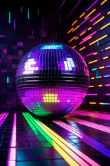 Sparkling disco ball glows neon. Nightlife bright and party. Abstract background illustration.