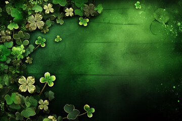 Green shamrocks on the background as an expression of happiness and celebration of St. Patrick. View from above.