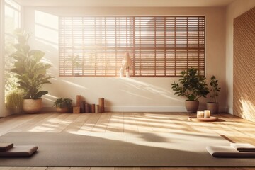 An empty yoga room, the setting sun creates a warm light that fills the space with a cozy...