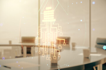 Virtual creative light bulb with chip hologram on a modern boardroom background, artificial...
