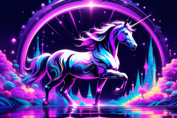 Animal graphic illustration. Abstract portrait of a cartoon unicorn in glowing neon style.