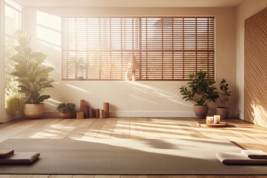 An empty yoga room, the setting sun creates a warm light that fills the space with a cozy atmosphere, expanding the room into a vast open space.