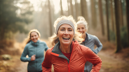 senior woman and friends Forest, running and woman of fitness, body training and cardio wellness, outdoor challenge or hiking in nature.