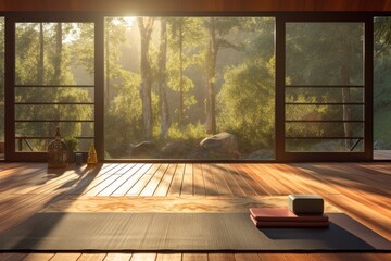 An empty yoga room, the setting sun creates a warm light that fills the space with a cozy atmosphere, expanding the room into a vast open space.