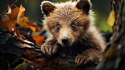 brown bear cub in the forest. Young brown bear in the forest Animal in nature habitat. generative ai - obrazy, fototapety, plakaty