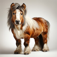 Brown with white piebald Shetland pony, standing side ways. Looking straight ahead. generative ai