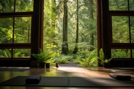 An empty yoga room, the setting sun creates a warm light that fills the space with a cozy atmosphere, expanding the room into a vast open space.