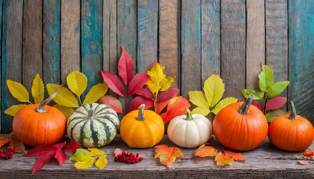 Autumn harvest background with pumpkins and lives isolated  on wooden background with space from text.
