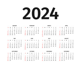 Calendar for 2024 year. Calendar template, layout in black and white colors. Annual 2024 calendar mockup on white background. Week starts on Sunday. Vector