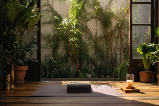 Without visitors, the yoga room remains quiet and empty, the absence of activity contributing to a calm and peaceful atmosphere, especially as the last light of the day illuminates the space.