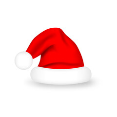 Santa Claus hat. Realistic red Santa Claus hat on white background. Red Christmas Santa hat, design element for costume and mask. Vector