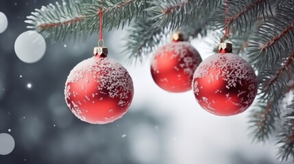 Fototapeta na wymiar Festive Winter Holidays: Christmas and New Year Concept with Balls on Snowy Fir Branches