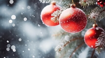 Festive Winter Holidays: Christmas and New Year Concept with Balls on Snowy Fir Branches